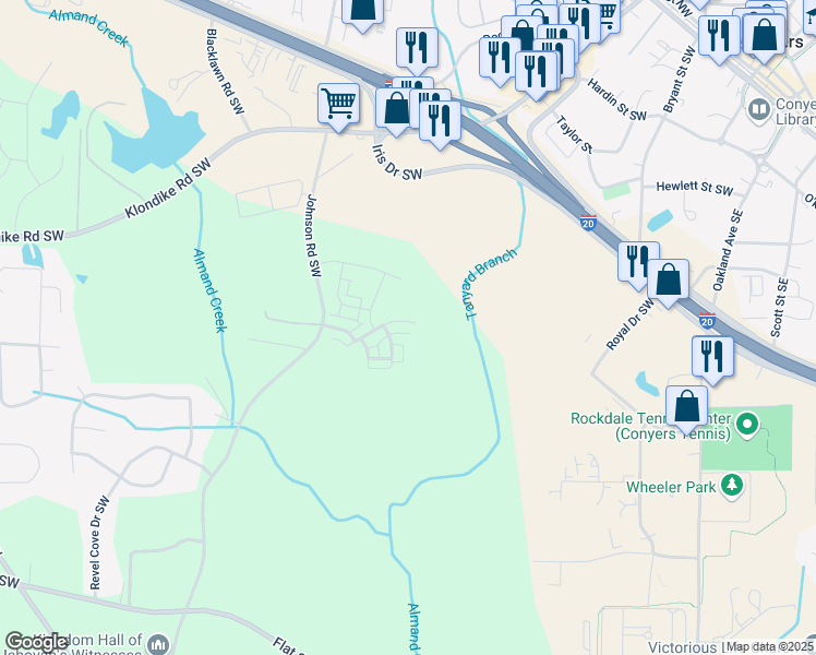 map of restaurants, bars, coffee shops, grocery stores, and more near 1360 Flora Drive in Conyers