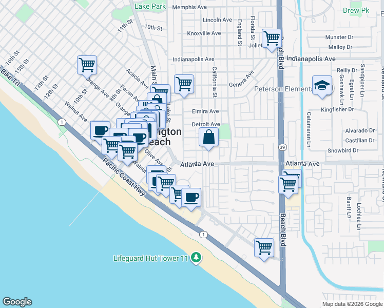 map of restaurants, bars, coffee shops, grocery stores, and more near 216 Baltimore Avenue in Huntington Beach