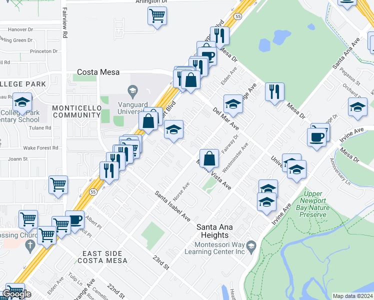 map of restaurants, bars, coffee shops, grocery stores, and more near 176 Monte Vista Avenue in Costa Mesa