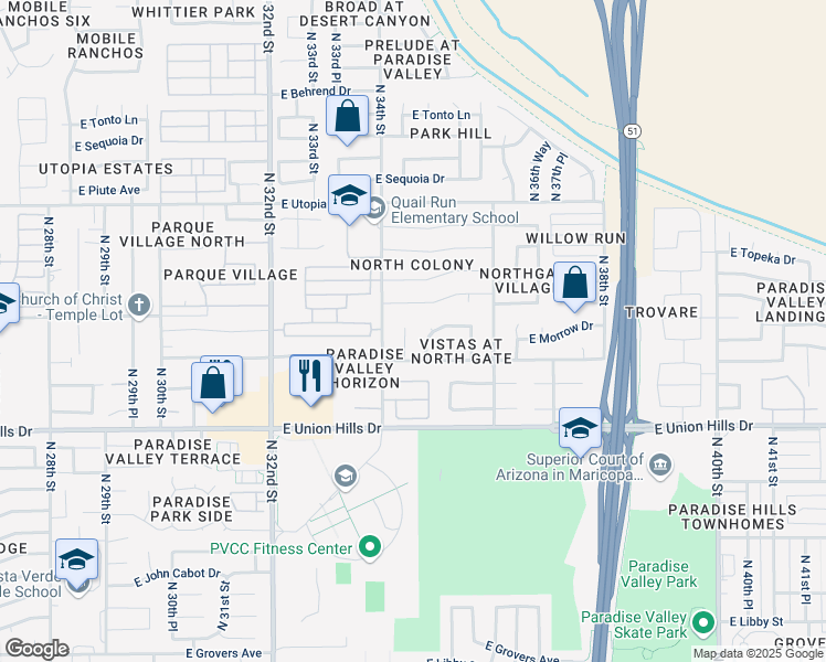 map of restaurants, bars, coffee shops, grocery stores, and more near 18829 North 34th Place in Phoenix