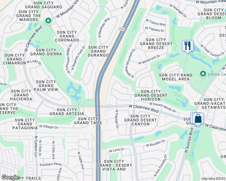 map of restaurants, bars, coffee shops, grocery stores, and more near 16479 West Silver Creek Drive in Surprise