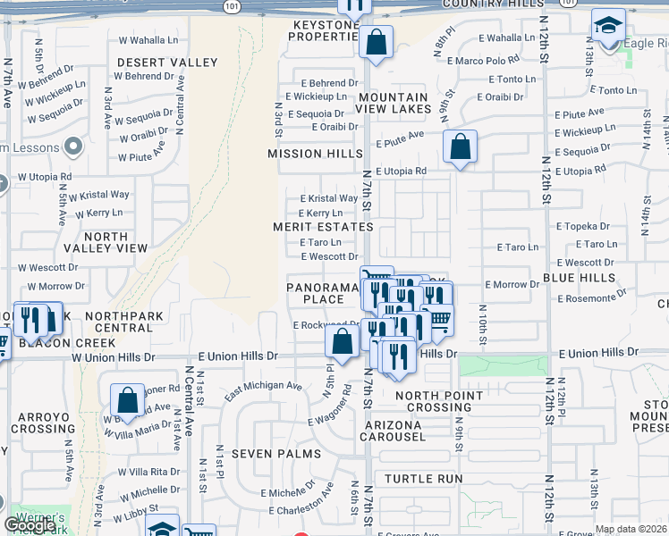map of restaurants, bars, coffee shops, grocery stores, and more near 529 East Wescott Drive in Phoenix