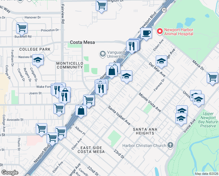 map of restaurants, bars, coffee shops, grocery stores, and more near 2450 Costa Mesa Fwy in Costa Mesa