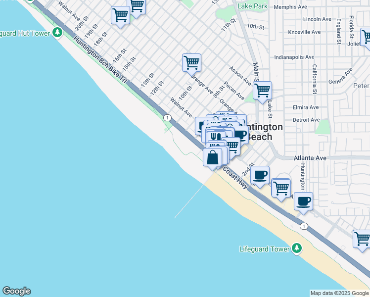 map of restaurants, bars, coffee shops, grocery stores, and more near in Huntington Beach