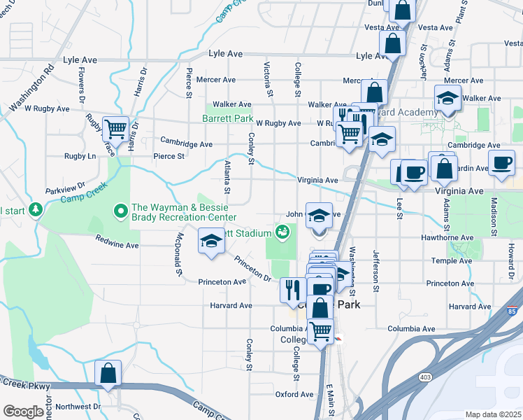 map of restaurants, bars, coffee shops, grocery stores, and more near 1967 John Calvin Avenue in College Park