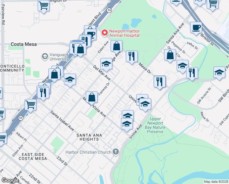 map of restaurants, bars, coffee shops, grocery stores, and more near 2580 Westminster Avenue in Costa Mesa
