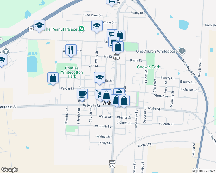 map of restaurants, bars, coffee shops, grocery stores, and more near 111 Wainwright Street in Whitesboro