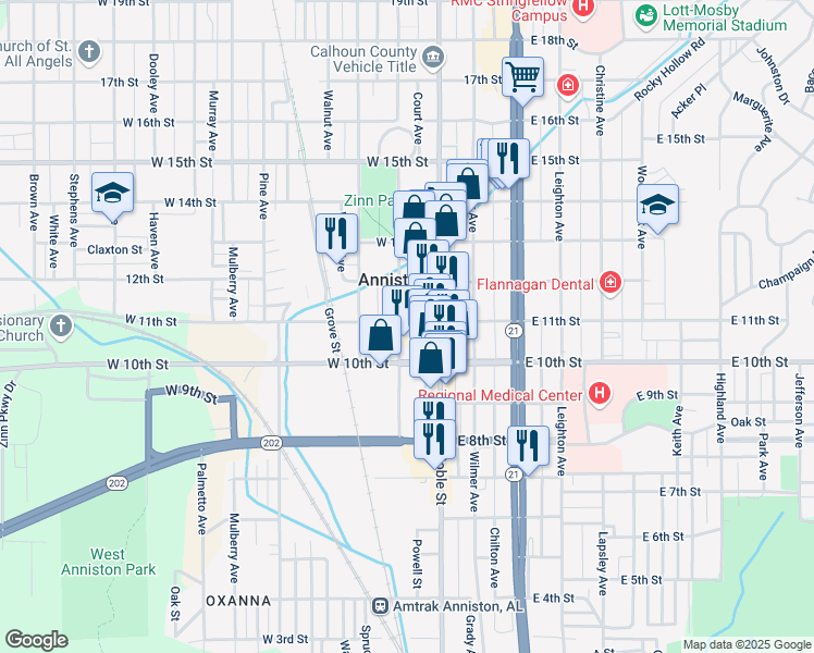 map of restaurants, bars, coffee shops, grocery stores, and more near 36 West 11th Street in Anniston