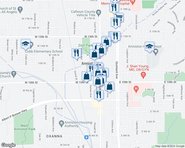 map of restaurants, bars, coffee shops, grocery stores, and more near 36 West 11th Street in Anniston