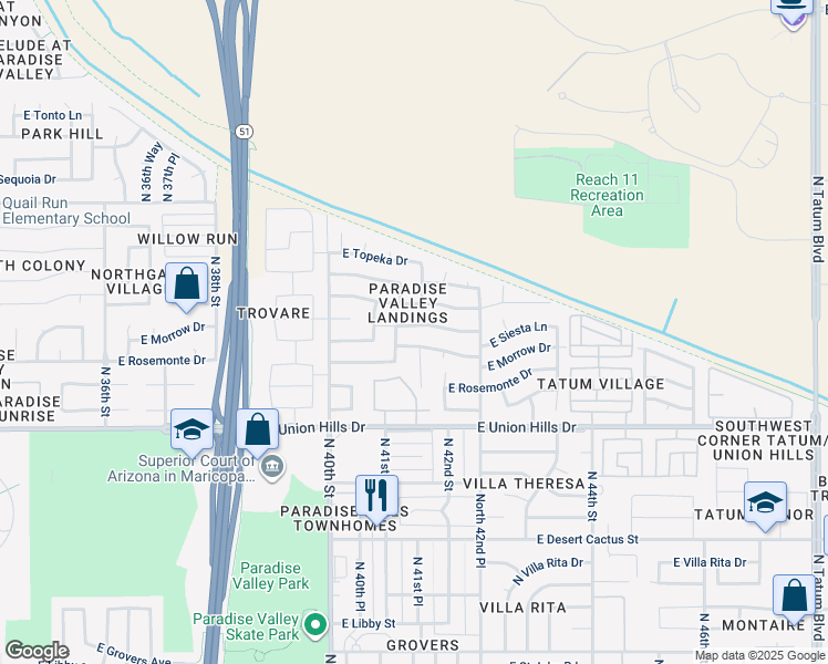 map of restaurants, bars, coffee shops, grocery stores, and more near 4115 East Siesta Lane in Phoenix
