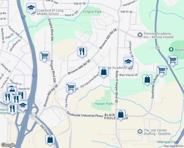map of restaurants, bars, coffee shops, grocery stores, and more near 3595 Zip Industrial Boulevard Southeast in Hapeville