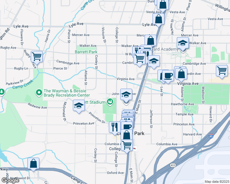 map of restaurants, bars, coffee shops, grocery stores, and more near 1905 John Calvin Avenue in College Park