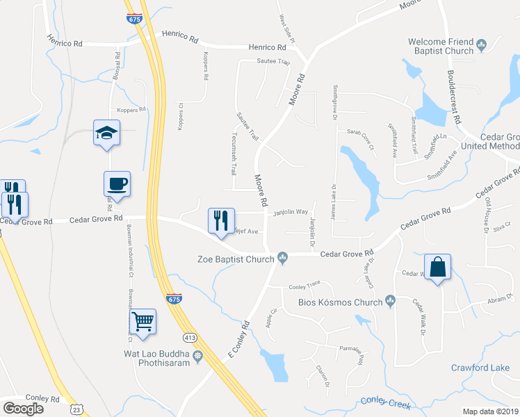 map of restaurants, bars, coffee shops, grocery stores, and more near 1798 Jajef Avenue in Conley