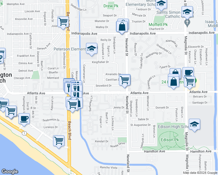 map of restaurants, bars, coffee shops, grocery stores, and more near 8332 Snowbird Drive in Huntington Beach