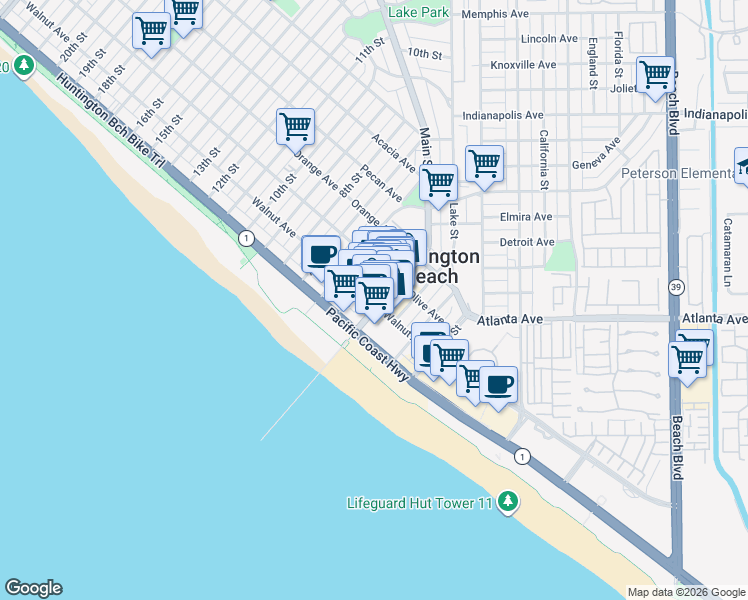 map of restaurants, bars, coffee shops, grocery stores, and more near 230 Main Street in Huntington Beach