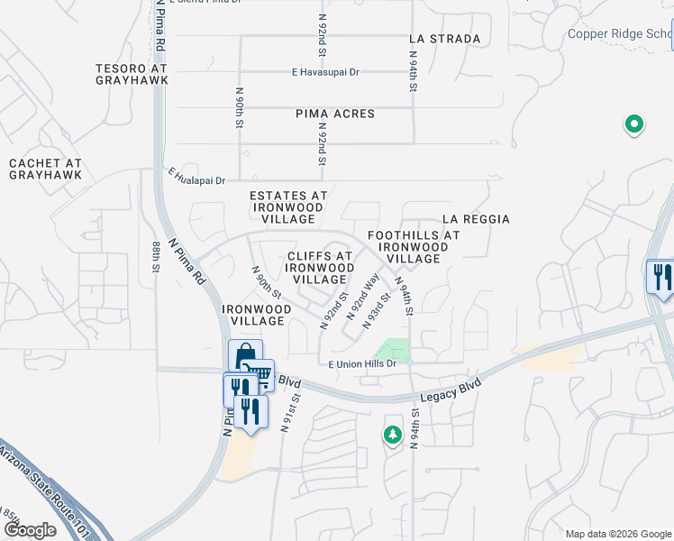 map of restaurants, bars, coffee shops, grocery stores, and more near 19012 North 91st Way in Scottsdale