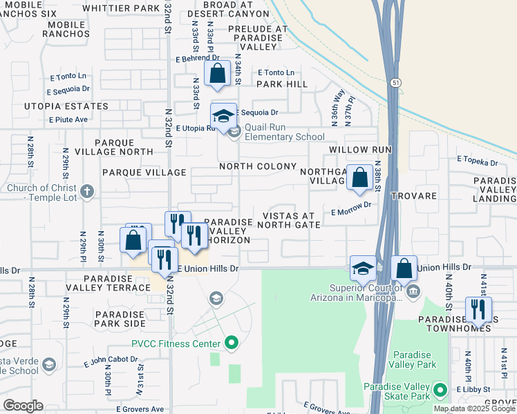 map of restaurants, bars, coffee shops, grocery stores, and more near 18829 North 34th Place in Phoenix