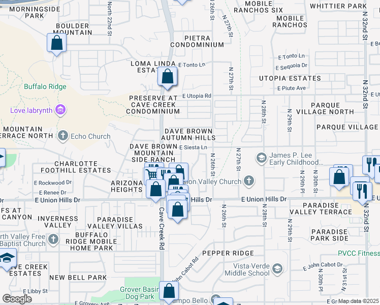 map of restaurants, bars, coffee shops, grocery stores, and more near 18849 North 25th Street in Phoenix