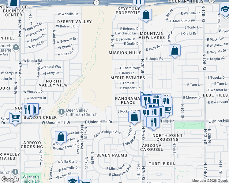 map of restaurants, bars, coffee shops, grocery stores, and more near 401 East Wescott Drive in Phoenix