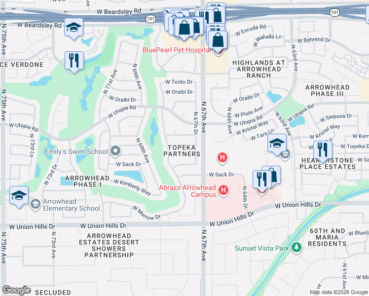 map of restaurants, bars, coffee shops, grocery stores, and more near 6719 West Kerry Lane in Glendale