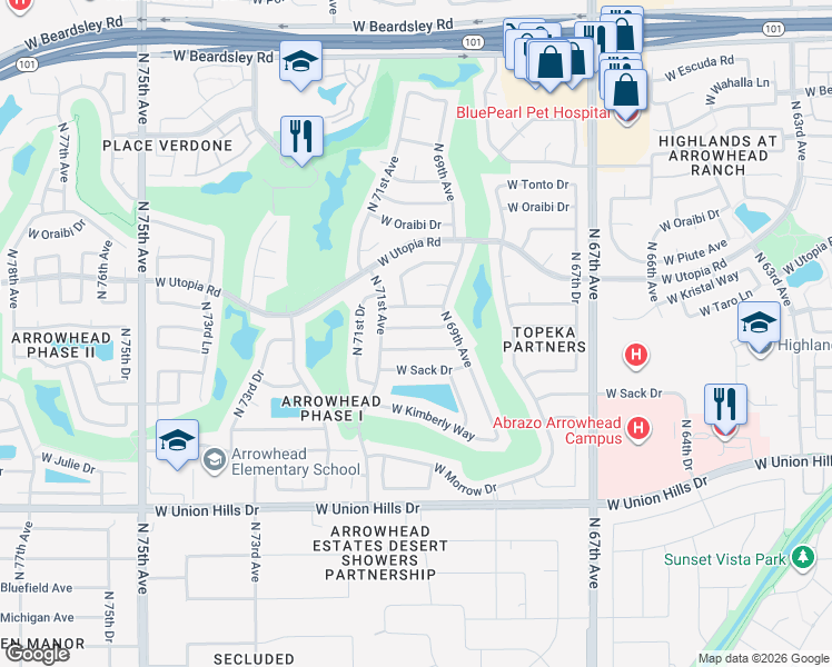 map of restaurants, bars, coffee shops, grocery stores, and more near 7022 West Taro Lane in Glendale