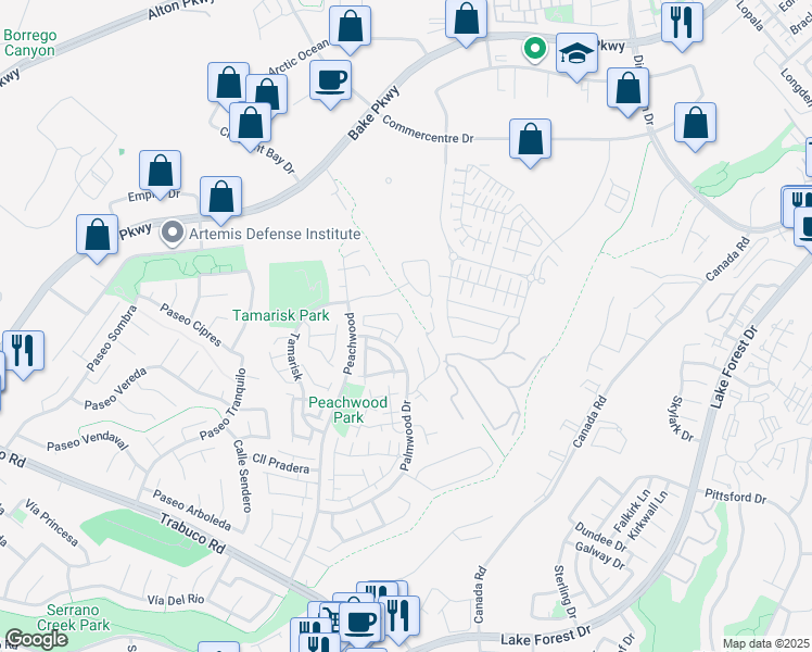 map of restaurants, bars, coffee shops, grocery stores, and more near 25472 Sonoma in Lake Forest
