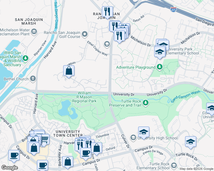 map of restaurants, bars, coffee shops, grocery stores, and more near in Irvine