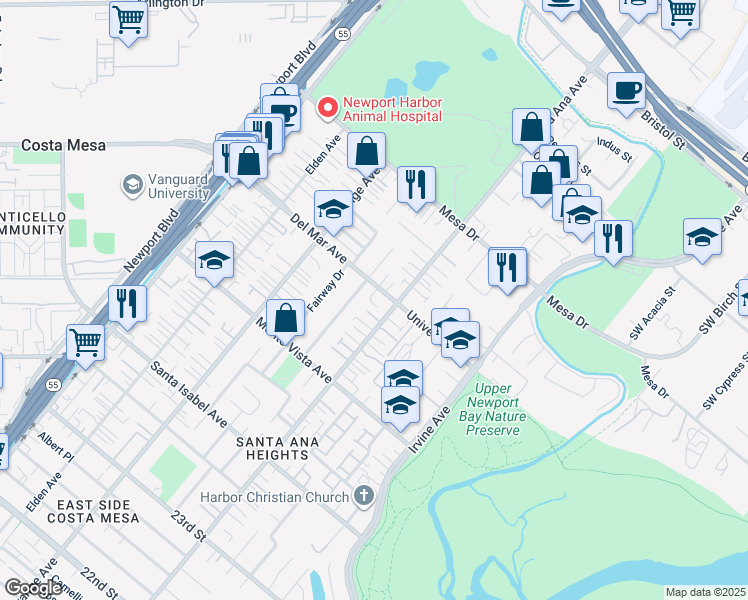 map of restaurants, bars, coffee shops, grocery stores, and more near 283 Del Mar Avenue in Costa Mesa