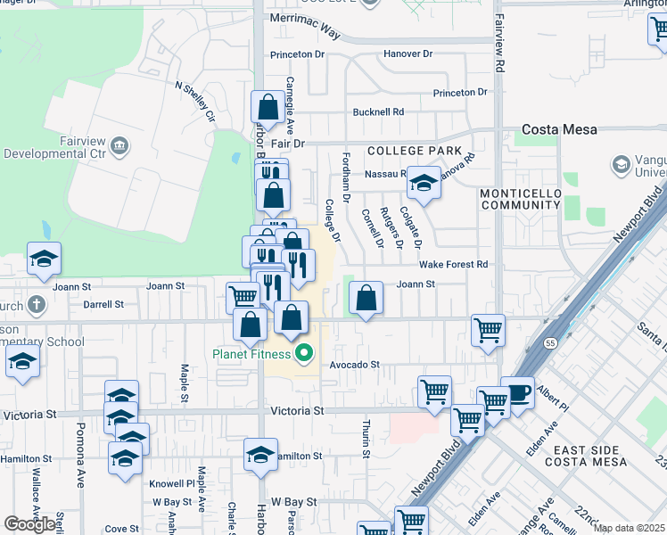map of restaurants, bars, coffee shops, grocery stores, and more near 2315 College Drive in Costa Mesa