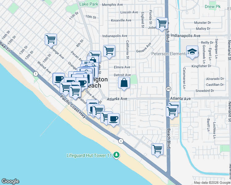 map of restaurants, bars, coffee shops, grocery stores, and more near 210 Baltimore Avenue in Huntington Beach