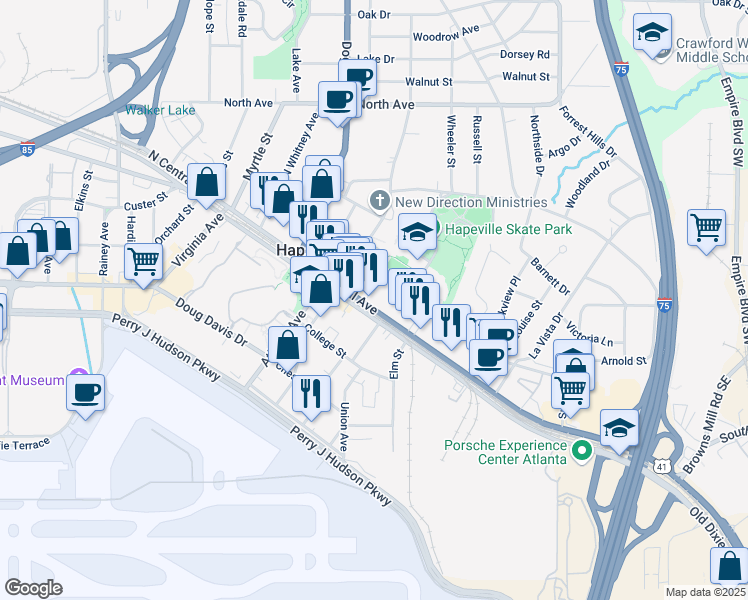 map of restaurants, bars, coffee shops, grocery stores, and more near 573 North Central Avenue in Atlanta