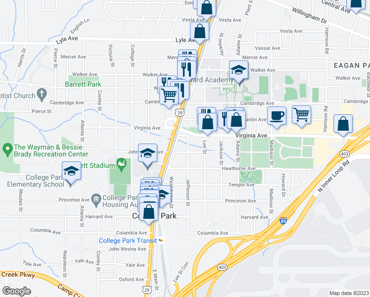 map of restaurants, bars, coffee shops, grocery stores, and more near 3548 Main Street in Atlanta