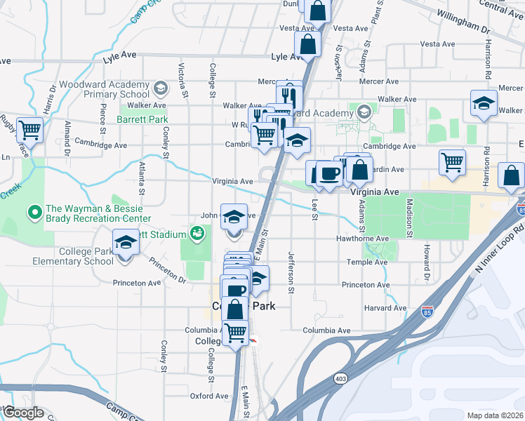 map of restaurants, bars, coffee shops, grocery stores, and more near 3557 Main Street in College Park