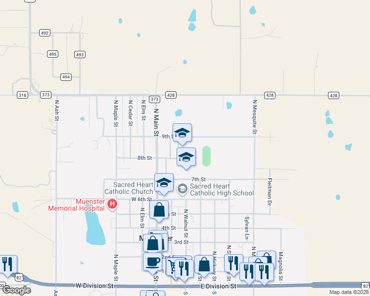 map of restaurants, bars, coffee shops, grocery stores, and more near 912 North Walnut Street in Muenster
