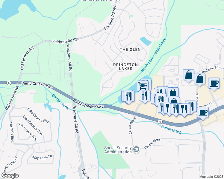 map of restaurants, bars, coffee shops, grocery stores, and more near 3973 Princeton Lakes Pass SouthWest in Atlanta