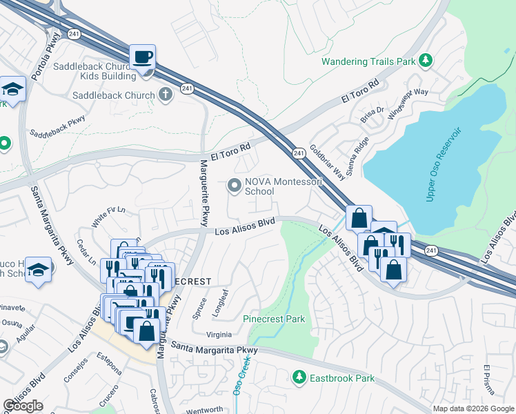 map of restaurants, bars, coffee shops, grocery stores, and more near 153 Valley View Terrace in Mission Viejo