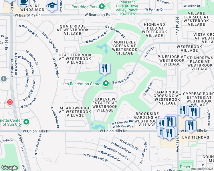 map of restaurants, bars, coffee shops, grocery stores, and more near 19281 North Westbrook Parkway in Peoria