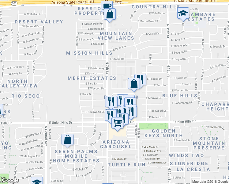 map of restaurants, bars, coffee shops, grocery stores, and more near 722 East Sack Drive in Phoenix