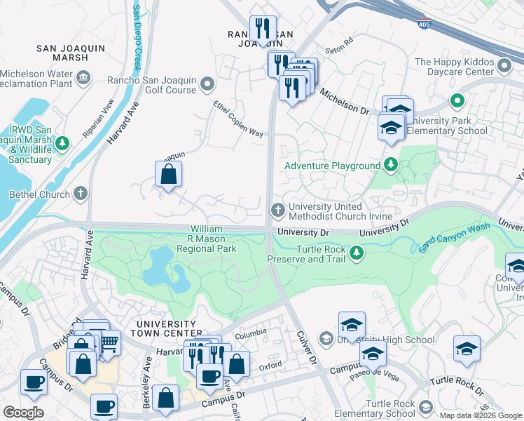 map of restaurants, bars, coffee shops, grocery stores, and more near 16 Rana in Irvine