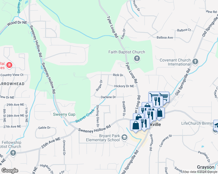 map of restaurants, bars, coffee shops, grocery stores, and more near 5101 Hickory Dr NE in Pinson