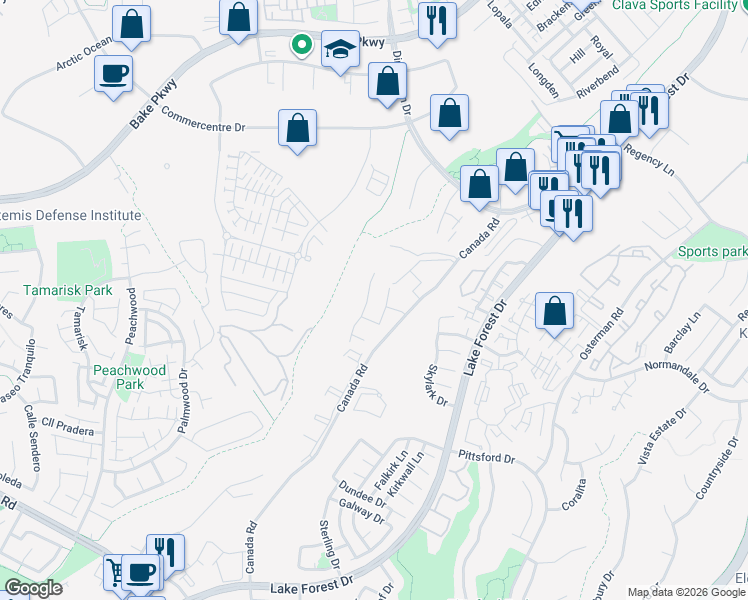 map of restaurants, bars, coffee shops, grocery stores, and more near 20972 Sharmila in Lake Forest