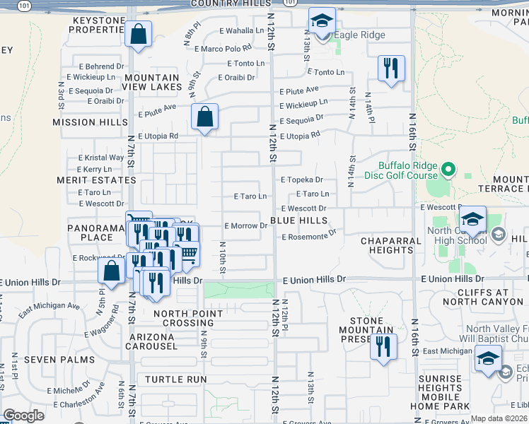map of restaurants, bars, coffee shops, grocery stores, and more near 18843 North 11th Place in Phoenix