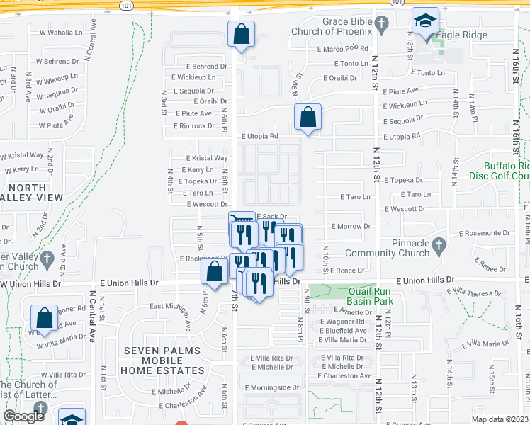 map of restaurants, bars, coffee shops, grocery stores, and more near 746 East Sack Drive in Phoenix