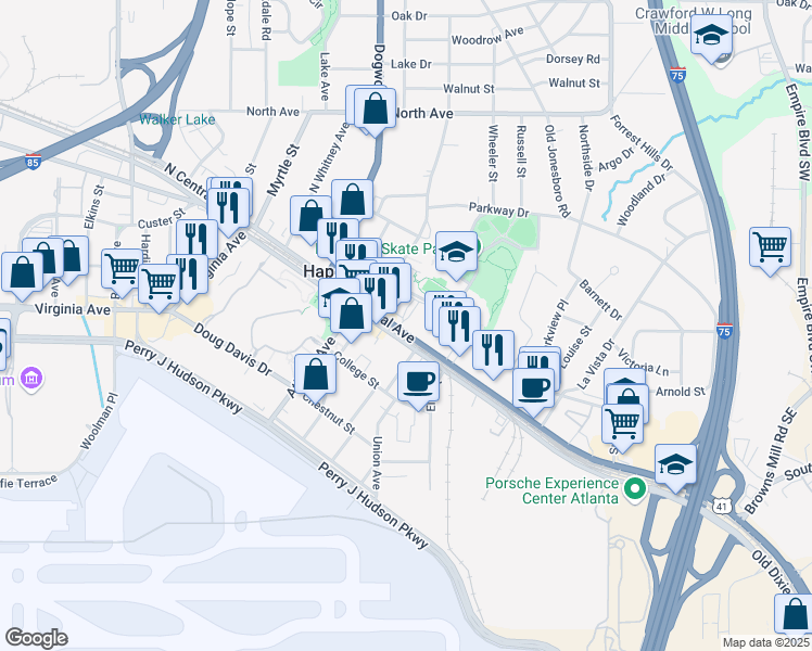 map of restaurants, bars, coffee shops, grocery stores, and more near 573 North Central Avenue in Atlanta