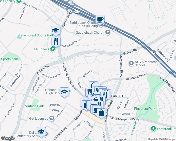 map of restaurants, bars, coffee shops, grocery stores, and more near 27571 White Fir Lane in Mission Viejo
