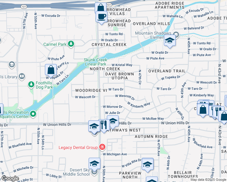 map of restaurants, bars, coffee shops, grocery stores, and more near 5011 West Taro Drive in Glendale