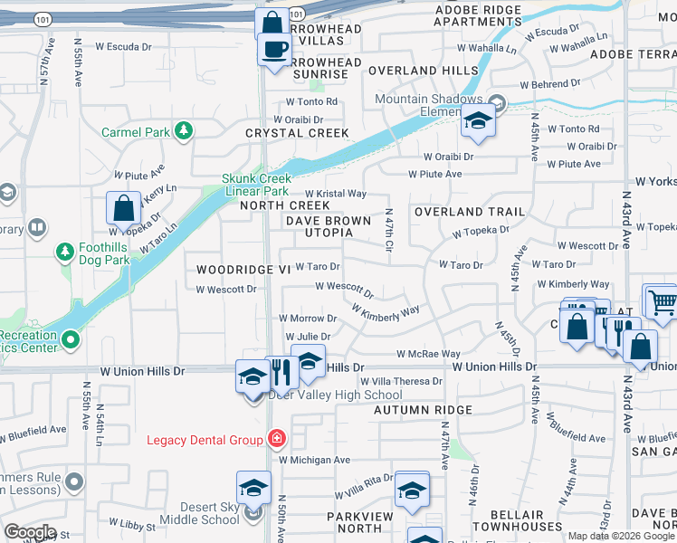 map of restaurants, bars, coffee shops, grocery stores, and more near 4805 West Taro Drive in Glendale