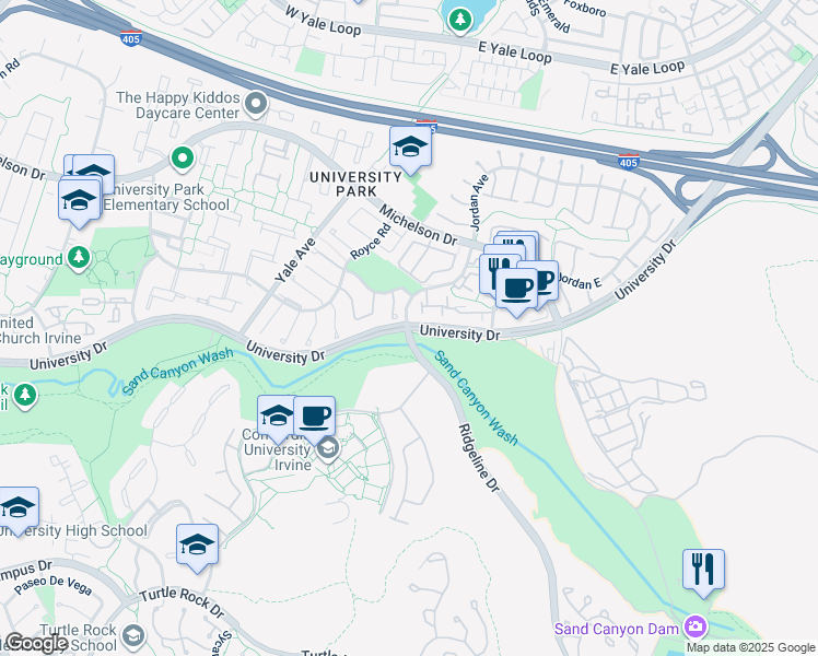 map of restaurants, bars, coffee shops, grocery stores, and more near University Drive & Rosa Drew Lane in Irvine
