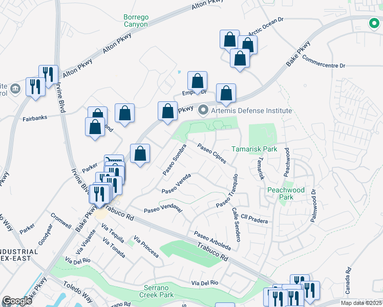 map of restaurants, bars, coffee shops, grocery stores, and more near 25006 Paseo Cipres in Lake Forest