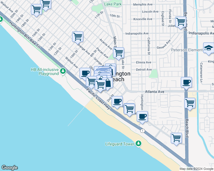 map of restaurants, bars, coffee shops, grocery stores, and more near in Huntington Beach